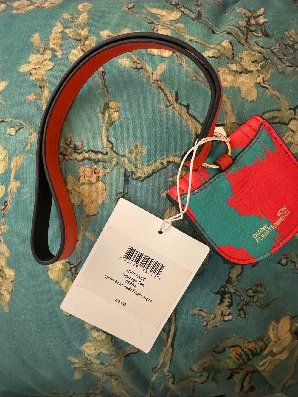 Diane von Furstenberg Red and Aqua Leather Luggage Tag